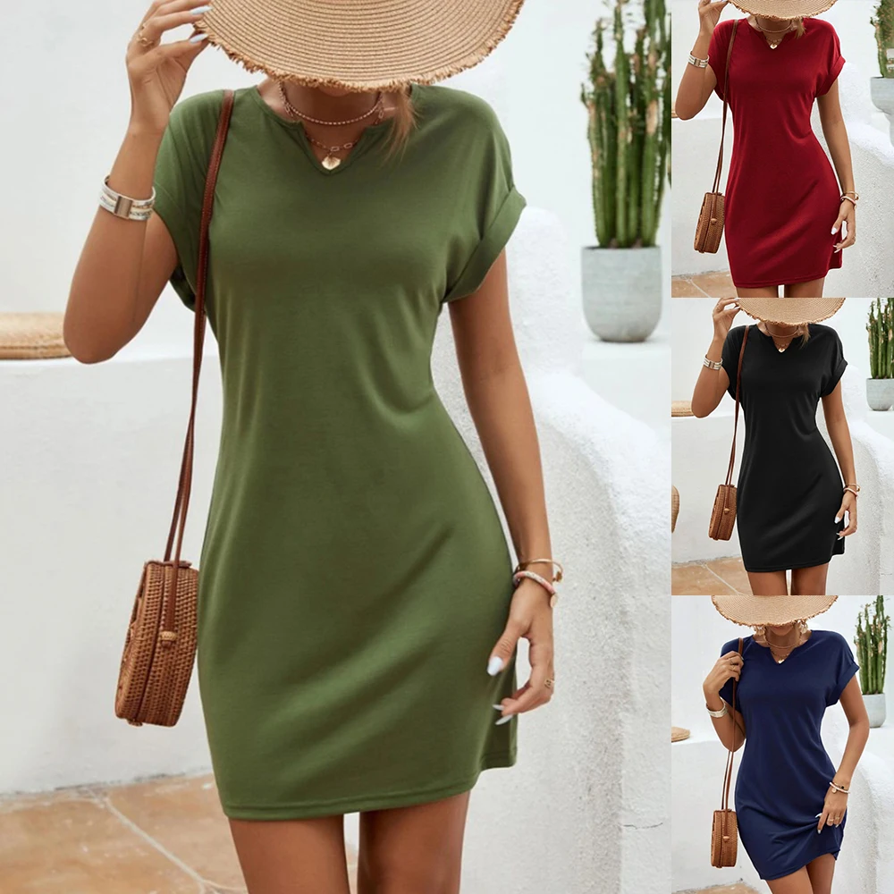 Women's Short Sleeve Casual T-shirt Dress V-Neck Summer Holiday Beach Sundresses Ladies Clothes Hawaii