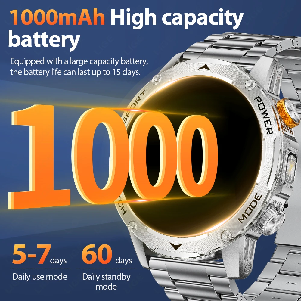 LIGE Smart Watch Man 1000mAh Long Standby Outdoor Smartwatch Men LED Flashlight Waterproof Heart Rate Sport BT Call Smartwatches