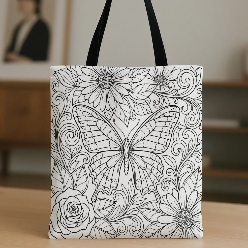 Tote Bag, Black and White Line Art Butterfly Rose and Daisy Floral Print on White Background, Simple Hand-Drawn Line Art