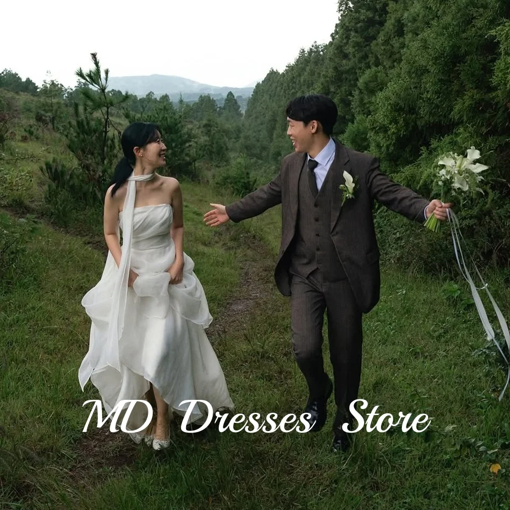 MD Elegant Strapless A-line Wedding Dress Korea Photoshoot Pleat Floor-Length Bridal Gown Corset Back Customized 웨딩드레스 2025