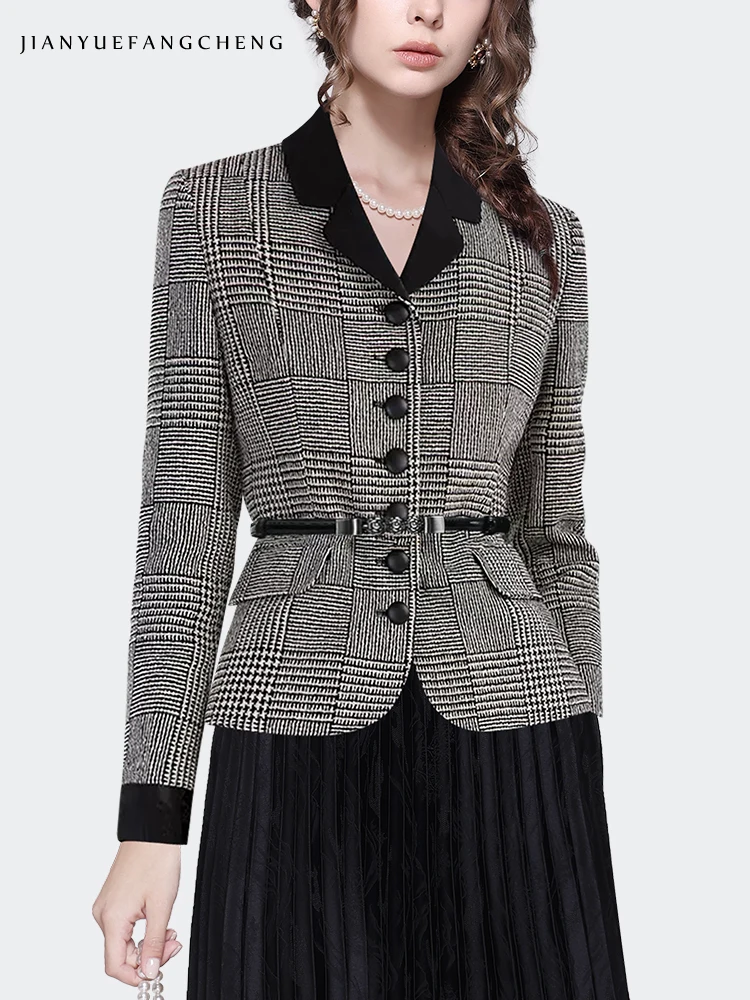 Women Vintage Grey Plaid JACKET With Belt 2023 Autumn Winter New Elegant Slimming Female Short Coat Working Casual Blazer