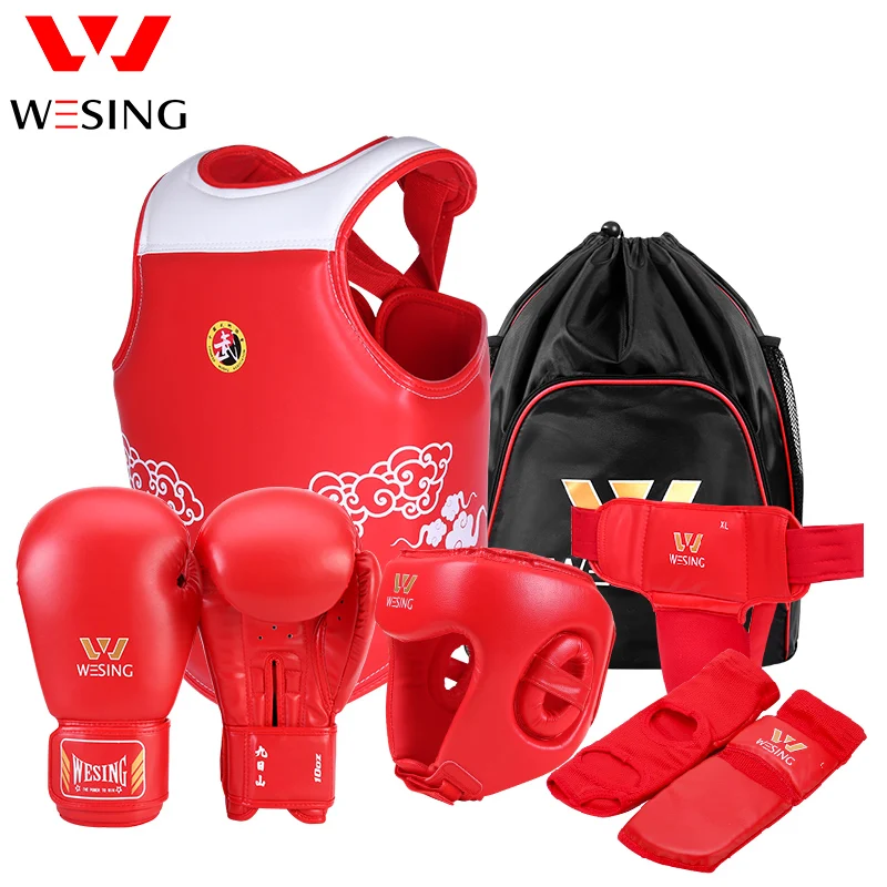 WESING PU Leather 6 Pieces Sparring Gear Set Martial Arts Sanda Wushu Equipment Gear Set