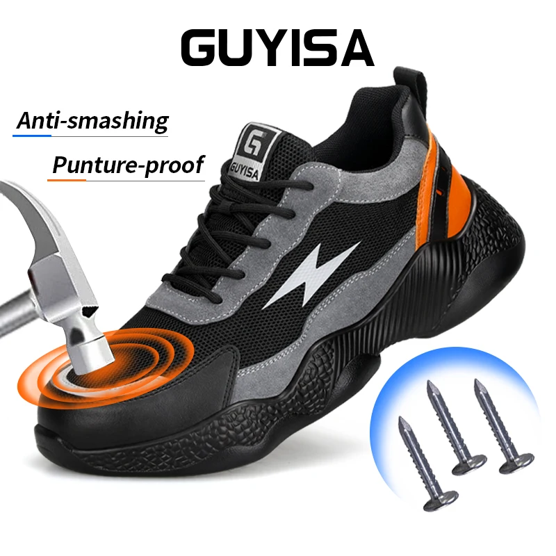 

GUYISA Men's Work Shoes Anti Smash and Anti Puncture Brown Low Top Four Seasons Available
