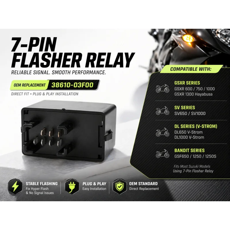 

OEM 38610-03F00 7-Pin Flasher Relay fit for Suzuki GSXR SV DL Bandit Hayabusa, Fix Hyper Flash, Plug & Play Turn Signal Relay