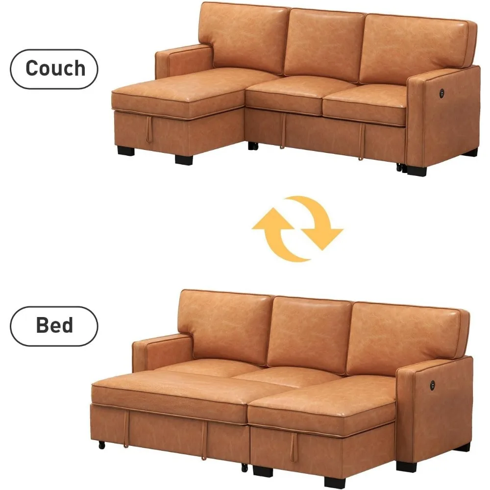 أريكة نوم قابلة للتحويل 3 في 1، أريكة حديثة من الجلد الصناعي على شكل حرف L، سرير أريكة فوتون مقطعي لغرفة المعيشة، تصميم قابل للسحب لـ C