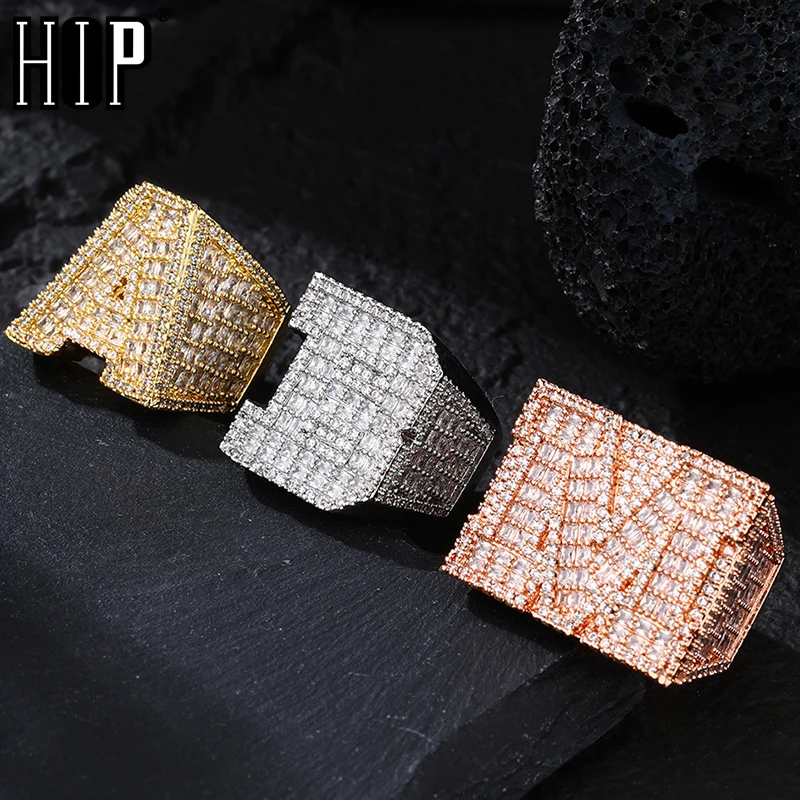 Hip Hop Big Square Initial Letter Rings Baguette Custom Luxury Iced Out AAA+ Cubic Zirconia Personalized Rapper Jewelry