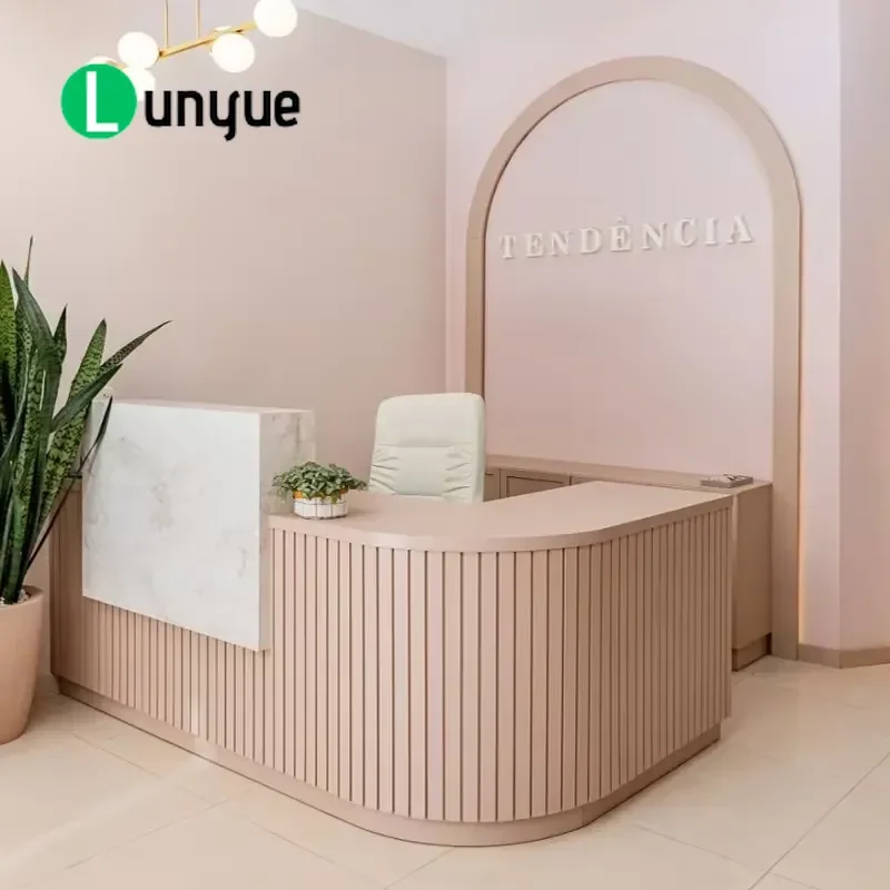 Modern Custom Hotel Reception Desk Durable Wood Metal Height Adjustable Checkout Counter for Beauty Salons Gyms Hotels