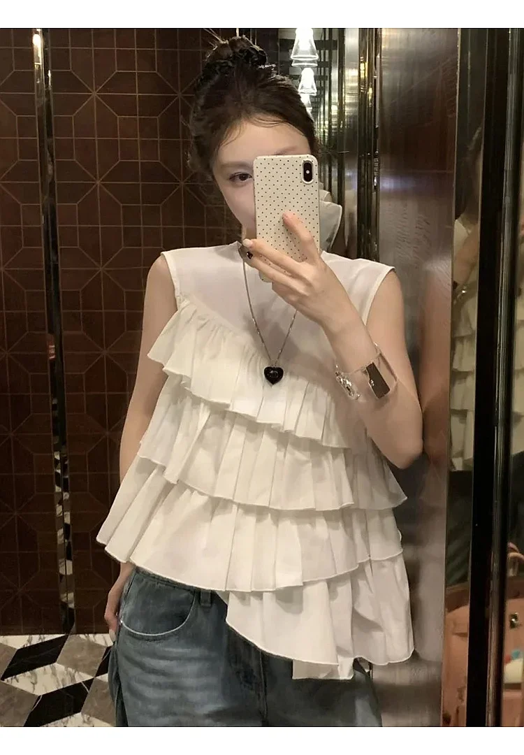 Chemisiers blancs en mousseline de soie pour femmes, chemises coréennes à volants, mode ample, vêtements décontractés d'été, couleur unie, hauts sans manches pour femmes