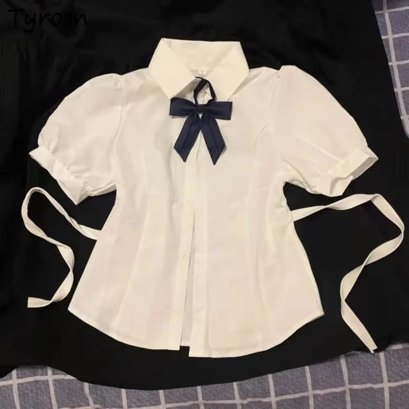 Camisas ajustadas de manga corta para Mujer, Tops blancos JK que combinan con todo, Tops Preppy de primavera y verano, cintura definida, estudiantes con cordones, Mujer elegante