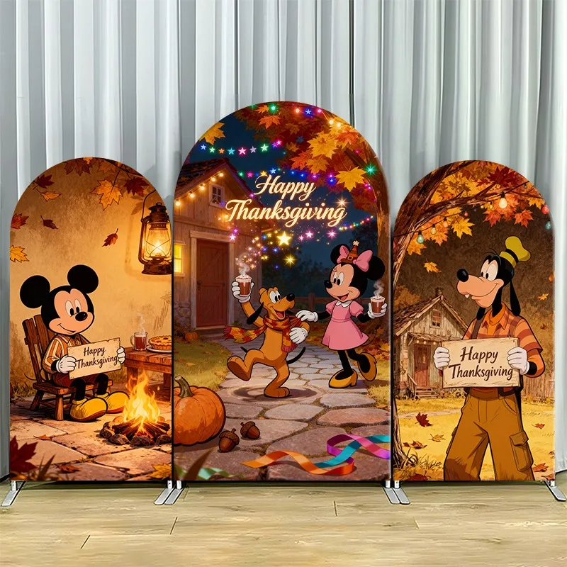 Single Side Arch Backdrop Cover Thanksgiving Party Background Mickey Minnie Goofy By The Fire Autumn Leaves Lanterns Festive