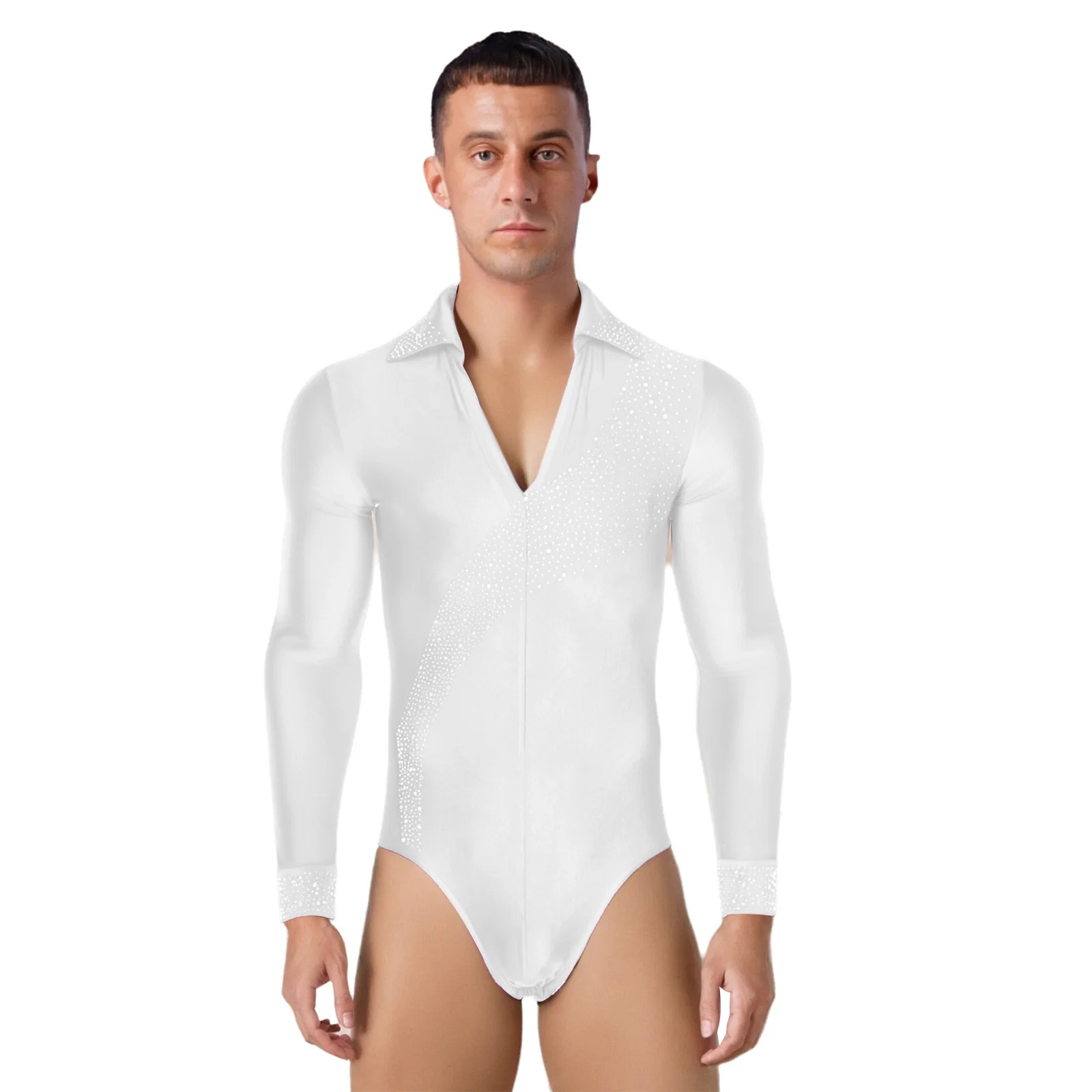

Adults Men Lyrical Latin Dance Jumpsuit Shiny Rhinestones Long Sleeve Dance Bodysuit Modern Latin Waltz Ballroom Dance Wear