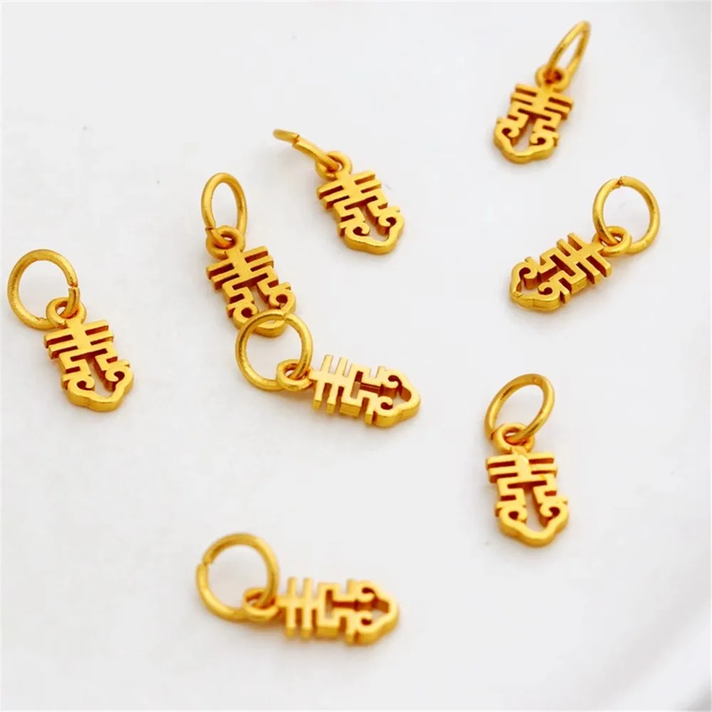 18K Gold Hanging Bracelet, Spray Sand, Matte, Hollow, Ruyi, Xi Character, DIY Jewelry Pendant, 5*10mm