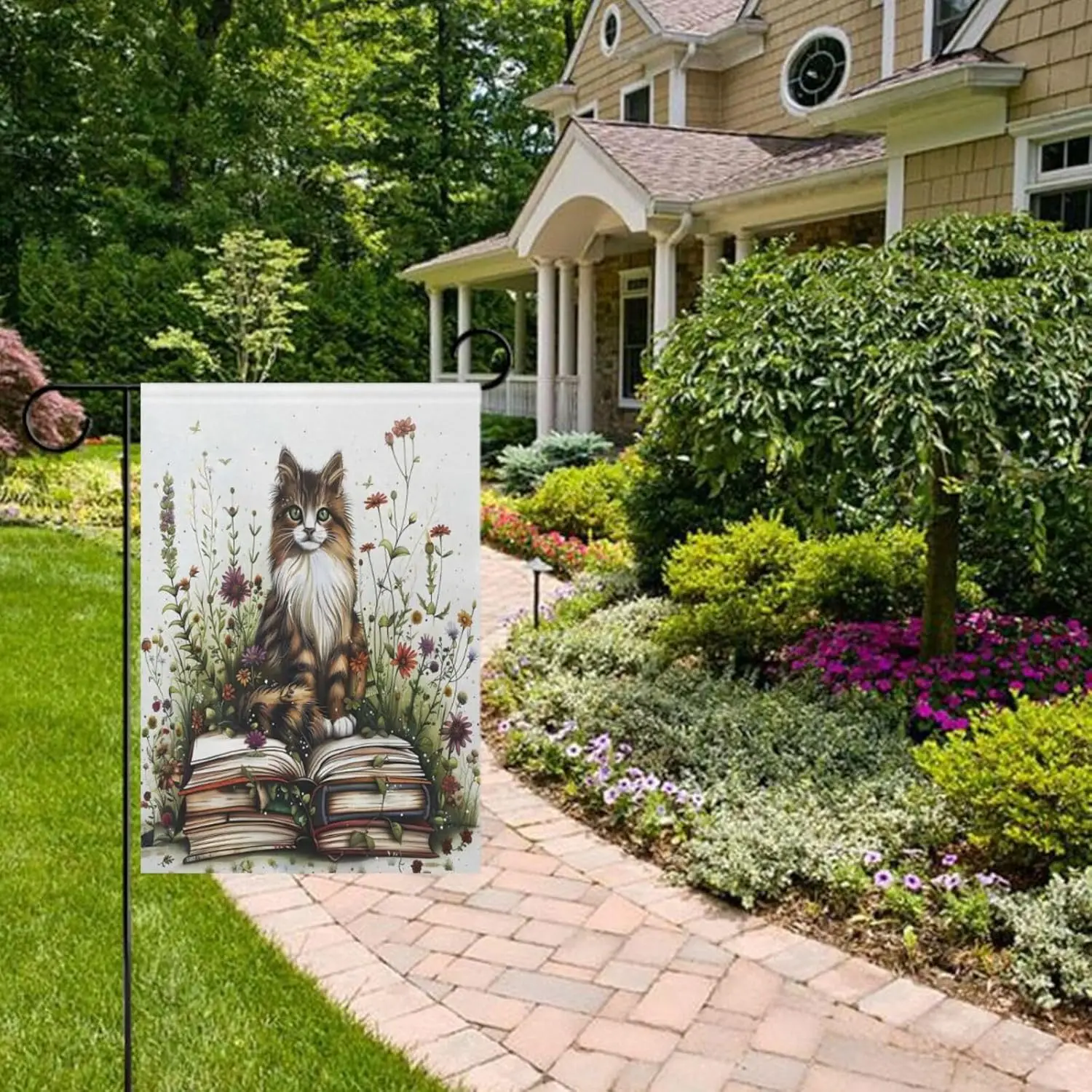 SUABO Cat Books Flowers Garden Flag 28x40inch Double Sided Outside, Rustic Yard Outdoor Decorative Flag, Seasonal Yard Outdo IIC