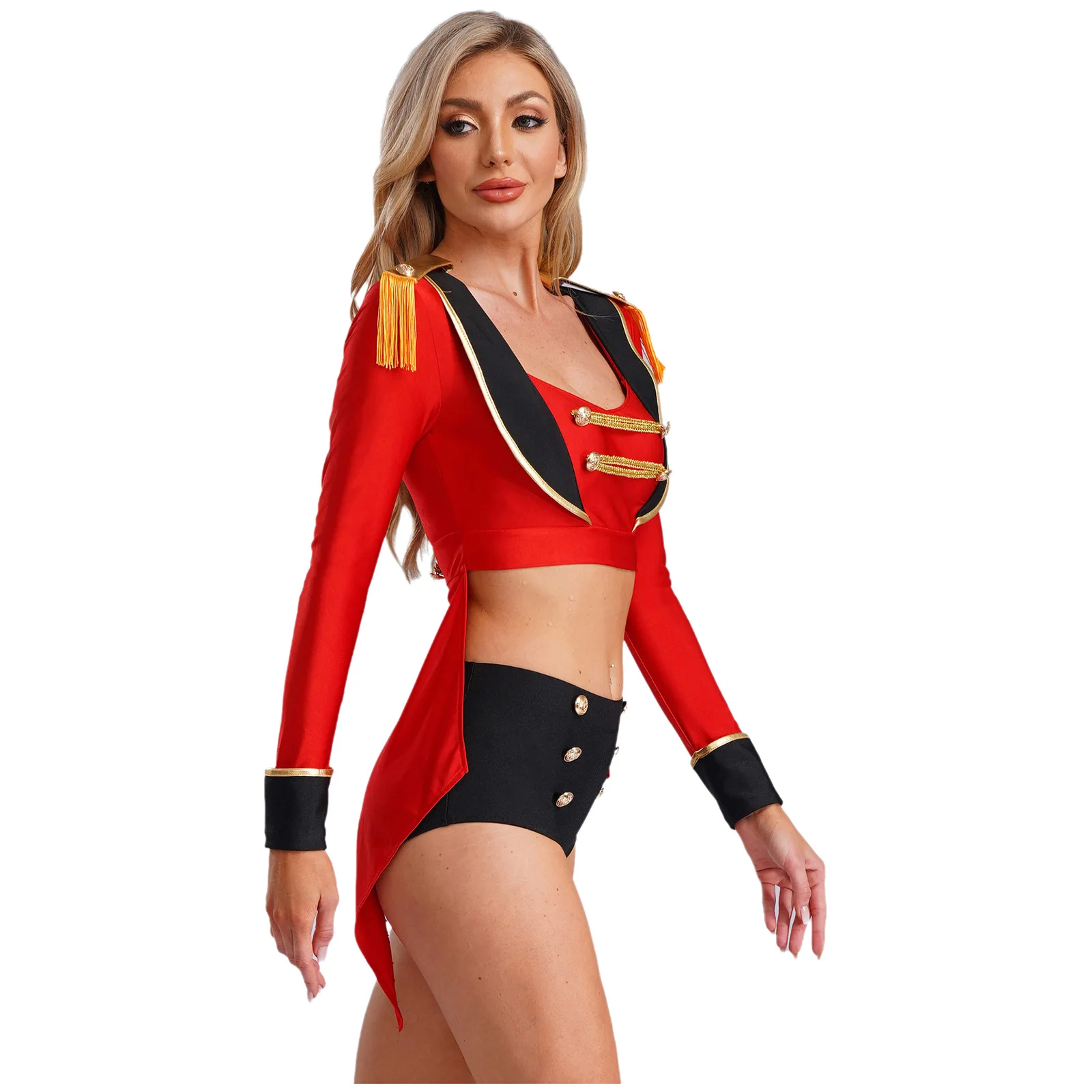 

Sexy Women Circus Ringmaster Cosplay Outfit Fringe Epaulet Tailcoat Top And Minipants Set Halloween Carnival Performance Costume