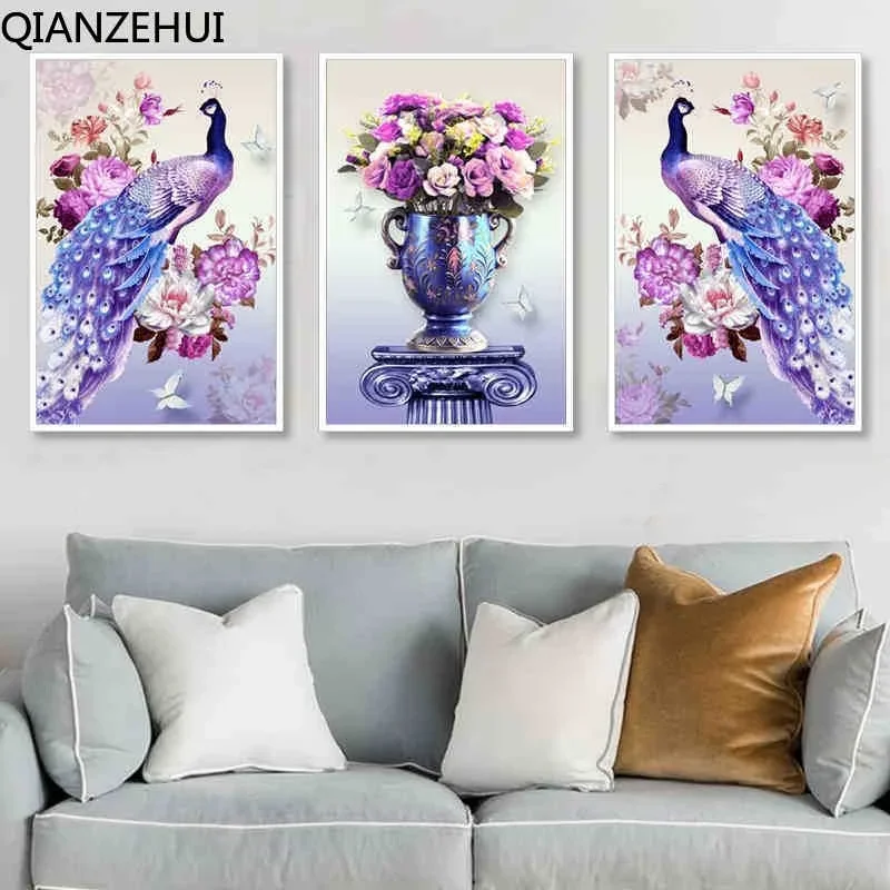 

DIY full Diamond Embroidery,Round Diamond Triptych peacock Living room decoration rhinestone beads Diamond painting