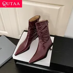 QUTAA 2025 moda damska botki styl zamek skórzane buty szpilki wysokie obcasy szpiczasty nosek jesienne buty zimowe rozmiar 34-40