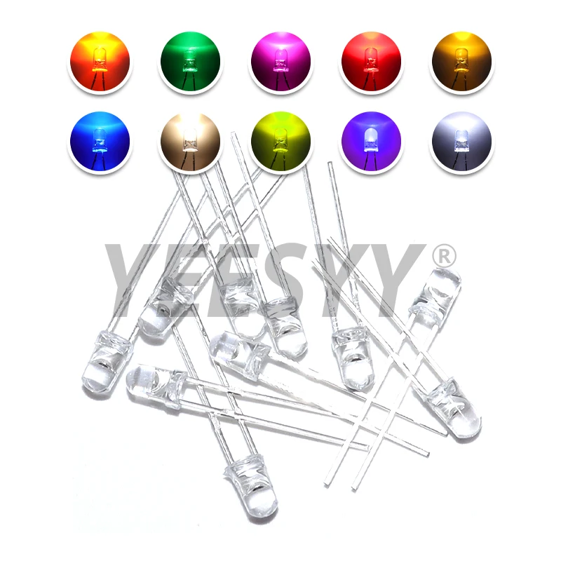100pcs 3mm LED Diode Ultra Bright Warm White Red Green Blue Purple Yellow Orange Pink 2V 3V Multicolor Emitting Assortment