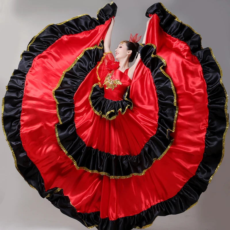 Vestido espanhol de dança flamenca para mulheres, traje de tourada, saias swing, desempenho 360-720 graus