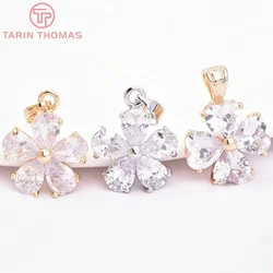 (278)4PCS 23x15MM 15x19MM 24K Gold Color Brass with Zircon Flower Charms Pendants High Quality  Jewelry Findings Accessories