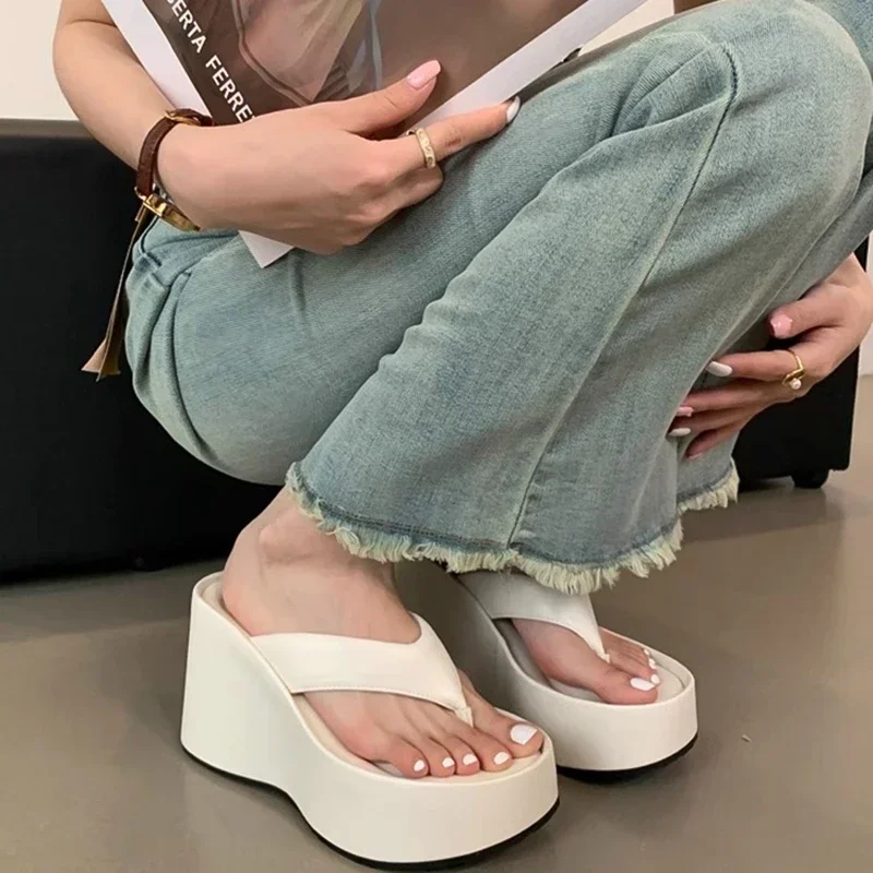 

Summer Chunky Woman Slippers Fashion Platform Wedges High Heel Silvery Ladies Shoes Solid Color Flip Flops Zapatillas De Mujer