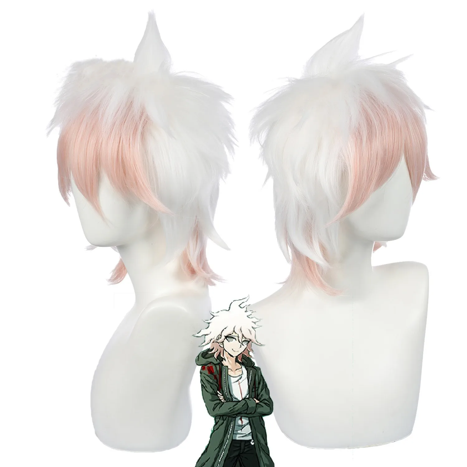 Movie Nagito Komaeda Cosplay Wig White Gradient Pink Resistant Synthetic Hair Halloween Costume Roleplay Wig+Wig Cap Prop