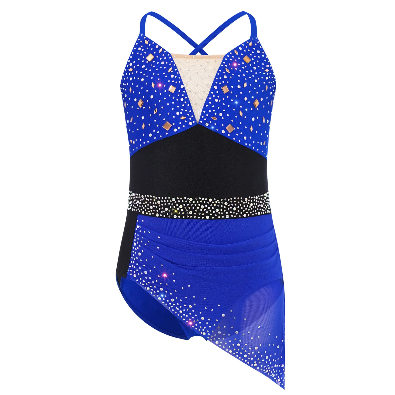 Kids Girls Figure Skating Lyrical Ballet Dance Performance Costume Spaghetti Straps Rhinestone Waltz Ballroom Ballet Dance Dress