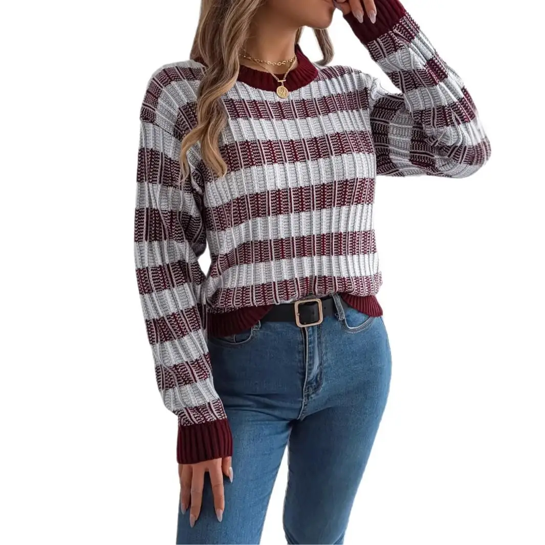 Retro Striped Lantern Sve Long Sve round Ne Pullover Sweater Autumn Winter Women's Faion Cross-Border Independent S...