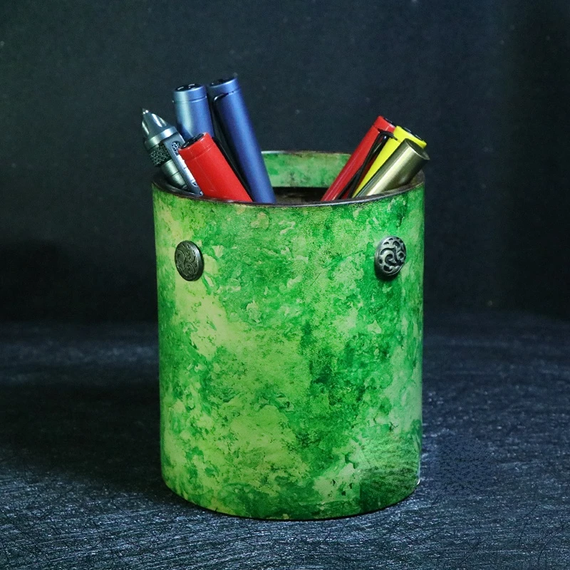 Handmade Vintage Leather Pen Holder Office Stationery Storage Green Fresh Leather Ornaments  Desk Organizer Stationery