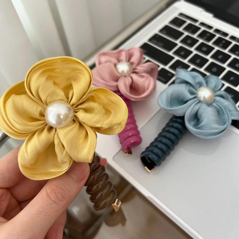 

Korean Acid Color Flower Hair Ring Phone Line for Women Tie Hair Braiding Soft Pearl Hairband Fashion Charm Hair Decoration