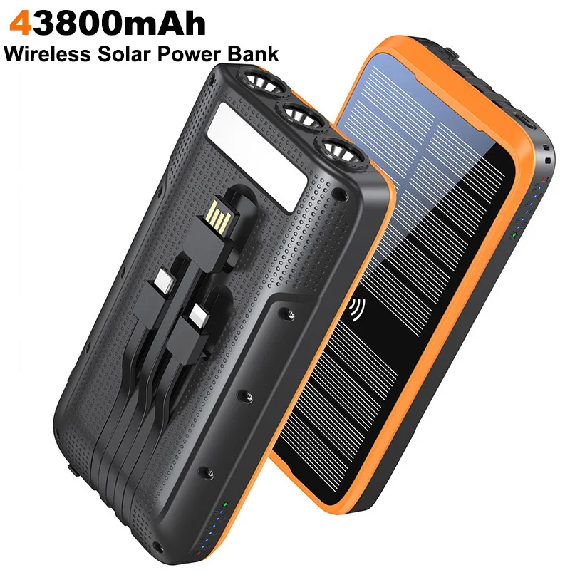 

43800mAh Wireless Solar Power Bank Portable 2.1A Fast Charging Powerbank for iPhone 16 Samsung Xiaomi Poverbank with Cable Light