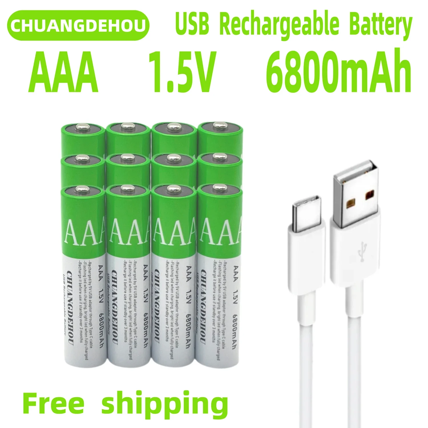 

AAA rechargeable USB battery 1.5V lithium-ion capacity 6800mAh remote control mouse toy flashlight backup battery+C-type cable