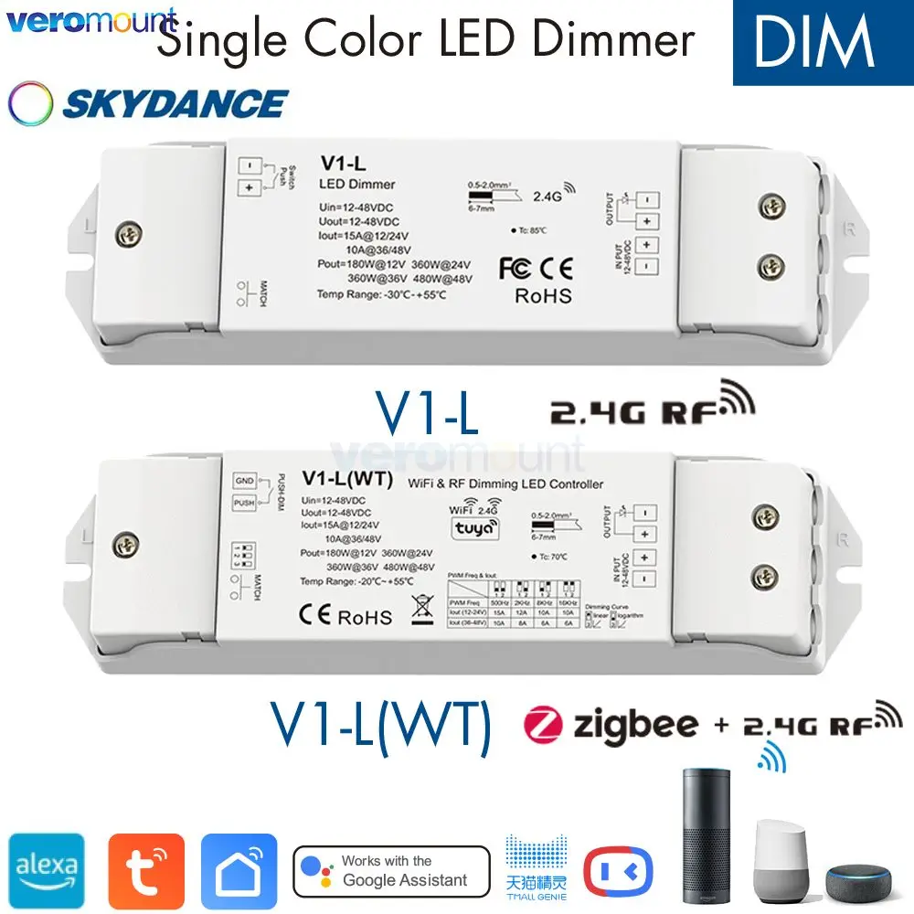 

Skydance V1-L 2.4G RF Wireless Remote V1-L(WT) WiFi Tuya APP + Push Dim LED Dimmer CV Controller 12V 24V 15A PWM 0-100% Stepless