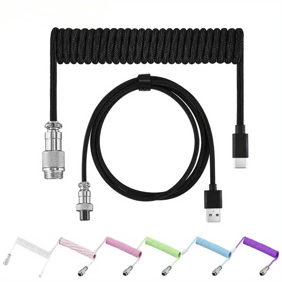 Keyboard Gaming Spiral Type-C - Soket Aviation GX16 Premium Cable Spring Coiled Anti Desktop & PC Gaming (Plug & Play)