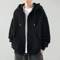 Men's Autumn Hooded Sweatshirt Solid Color Fleece-Lined Zippered Loose Fit Cardigan Jacket Casual Style For Fall/Winter