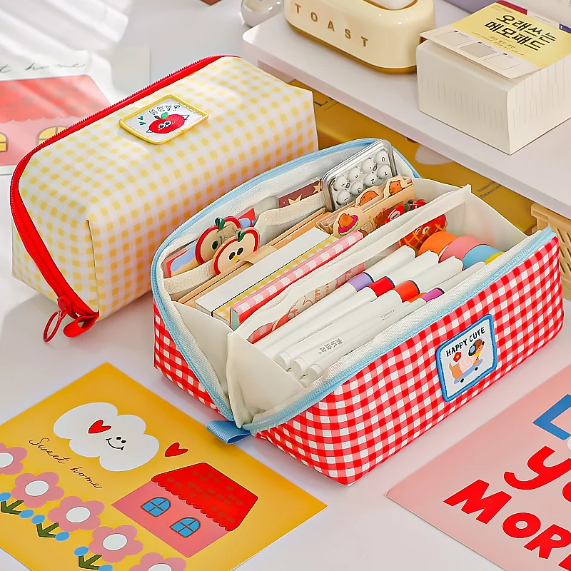 Cartoon Pencil Case Large Capacity Canvas Grid Color Blocked Stationery Organizer for School