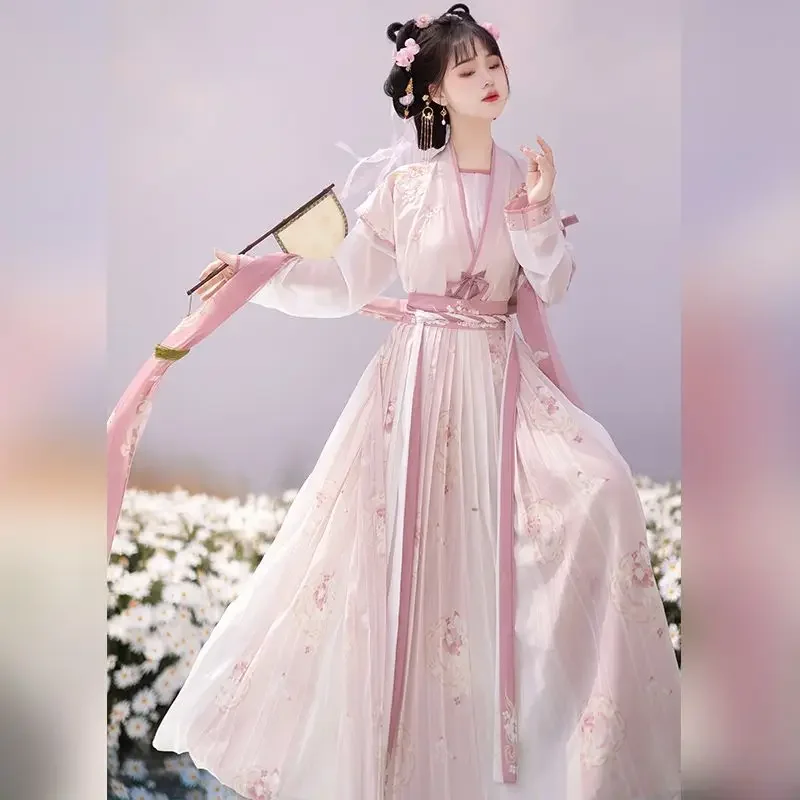 Women Ancient Chinese Hanfu Dress Costumes Pink Embroidered Coat White Blouse Printed Skirt Vestidos Elegantes Para Mujer