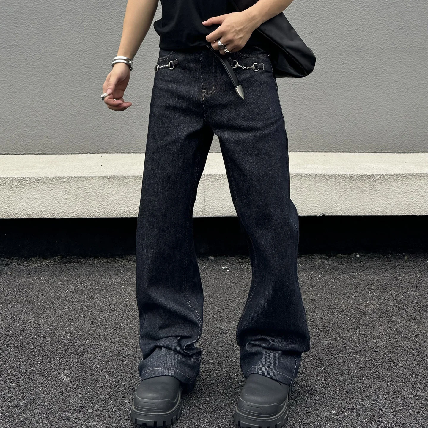 High Street Primary Colors Denim Metal Buckle Jeans Men Women Streetwear Loose Casual Retro Jeans Pants Trousers
