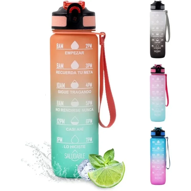 1 Liter Water Bottle Gradual Color Sport Water Jug with Time Marker Leakproof Drinking Gourd for Outdoor Travel Gym Jugs Camping