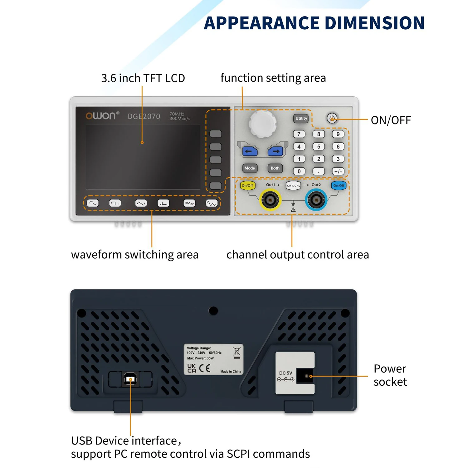 Owon DGE2035 DGE2070 300MSa/s Arbitrary Waveform Generator 14Bits 35MHz / 70Mhz Dual Channels Osiloscopio Digital Oscilloscope