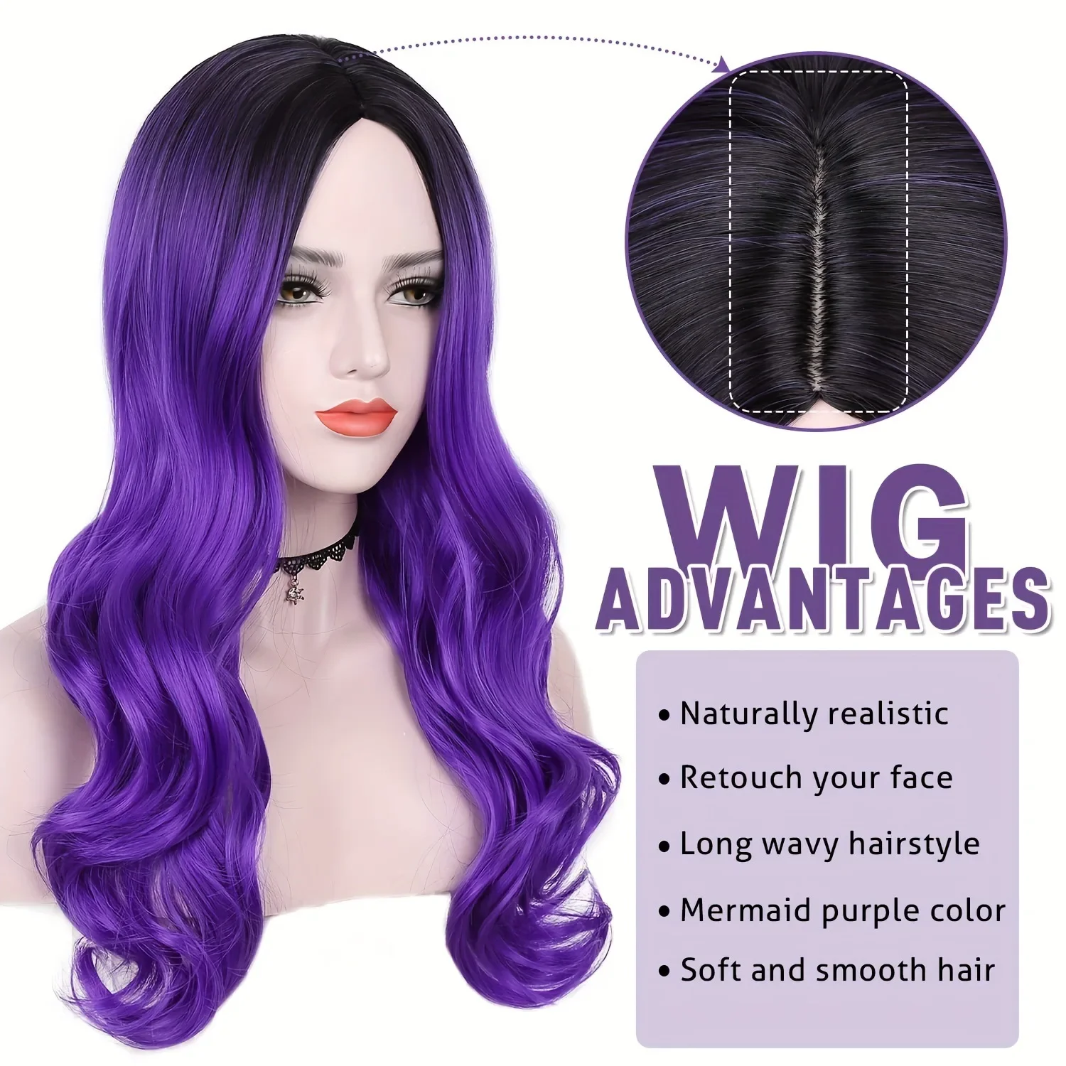 Peruca sintética ondulada longa para mulheres, preto a roxo, perucas coloridas de cabelo encaracolado, resistente ao calor, peruca diária para festa