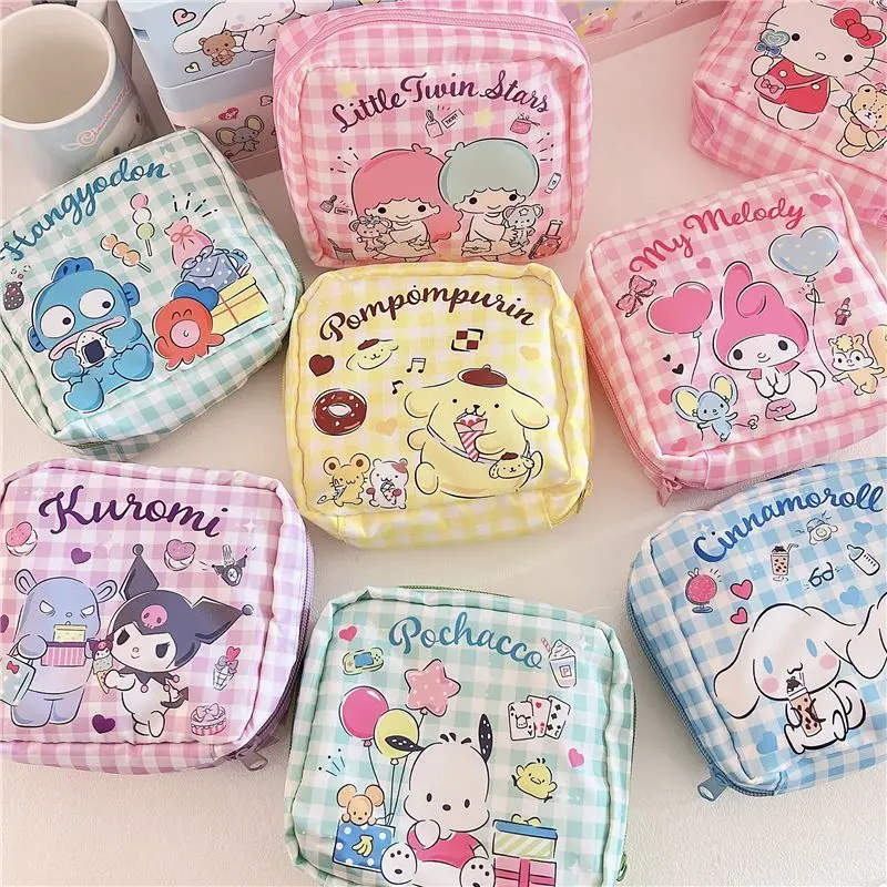 Kawaii Sanrios Tampon Storage Bag Kuromi My Melody Cinnamoroll Girl Sanitary Napkin Bag Women Makeup Pouch Data Cable Organizer