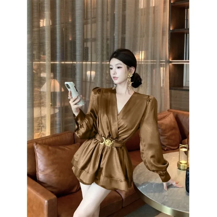 Korejepo French Premium Top Bubble Sleeve Temperament Shirt Design Cross V Neck Strap Satin Long Sleeve Shirt Women Trend