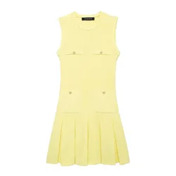 Women Pale Yellow Knitted Pleated Dress Summer Fashion Pockets O-Neck Sleeveless A-line Mini Dress Official