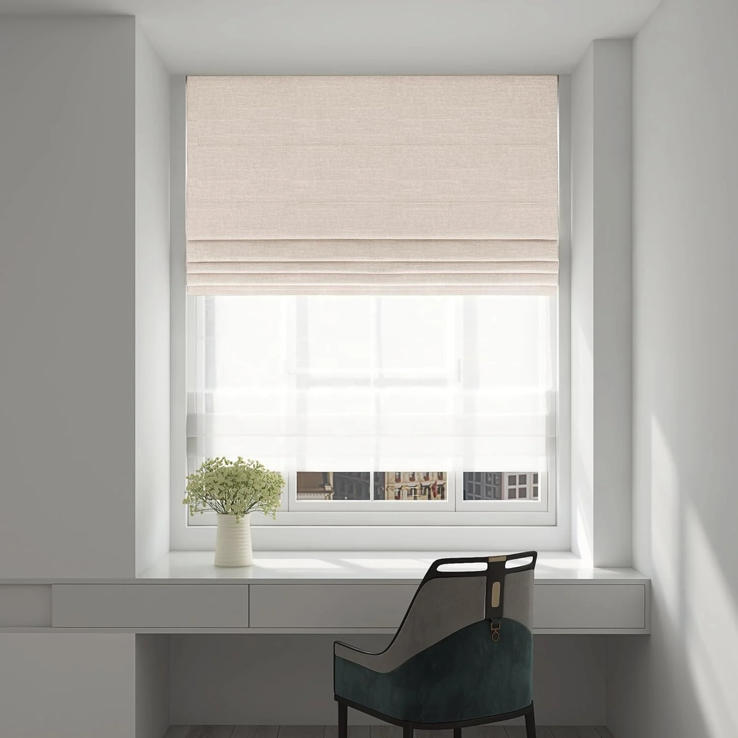 Modern Electric Double-Layer Roman Blinds Fabric Roller Shades Adjustable Day Night Options with Pinhole for Home Use in Rooms