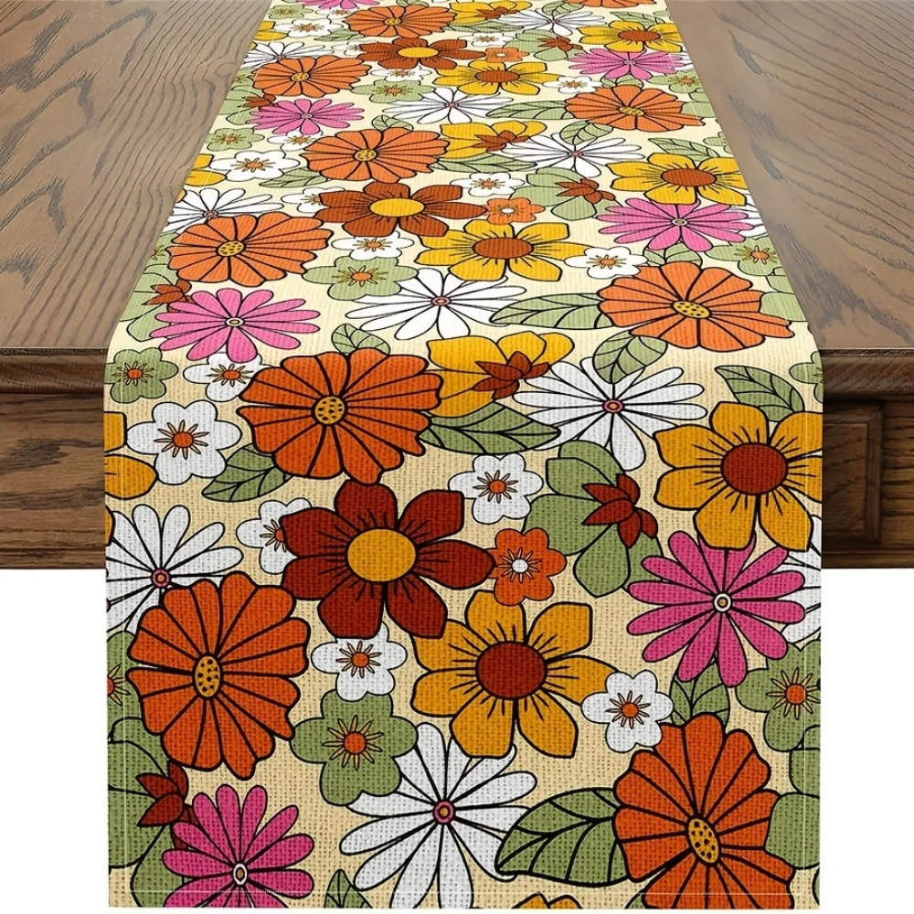 1pc Bohemian Linen Table Runner - Vintage Funky Floral Design, Hippie Flower Power, Natural Garden Plants Spring Theme