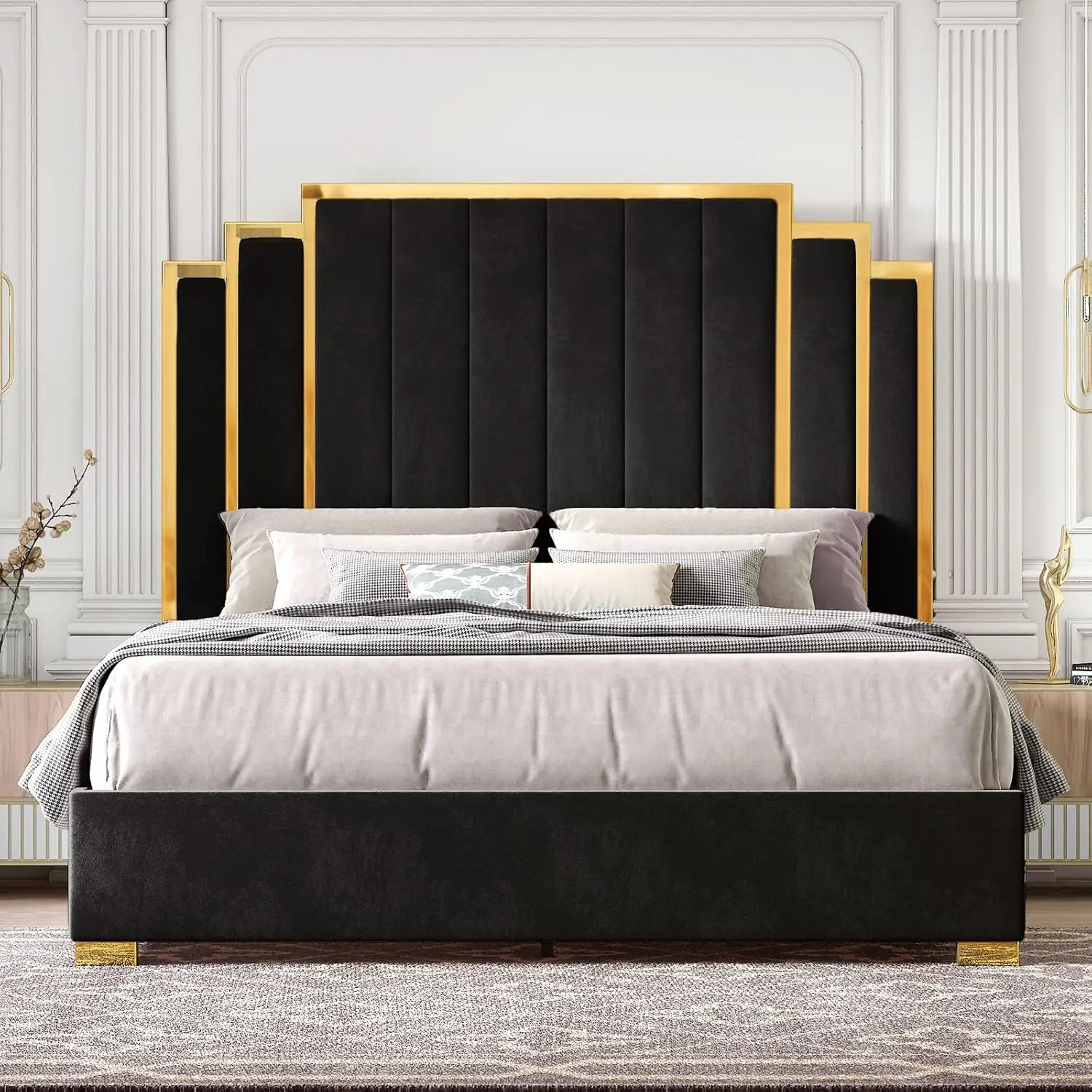 King Bed Frame Upholstered Platform with Gold Trim Headboard No Box Spring Needed Black, Customized