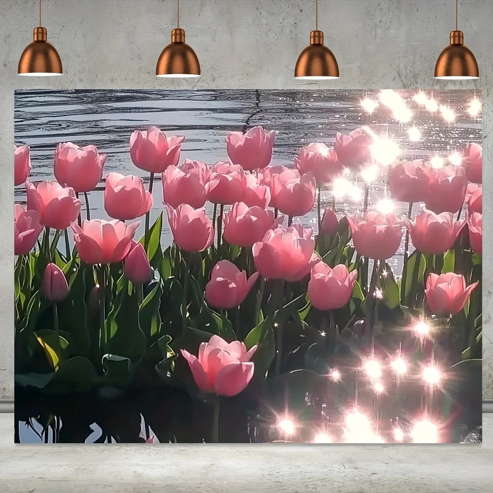 Radiant Pink Tulip Garden Tapestry: Bright Floral Scene Pattern Cheerful Modern Wall Decor for Living Room Bedroom