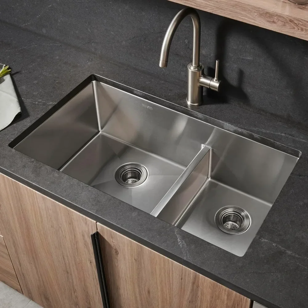 33 Inch Low Split Bottom with A Tight Radius of 60/40,double Bowl,16 Gauge Stainless Steel Kitchen Sink ProductD 19D X 33W X 10H