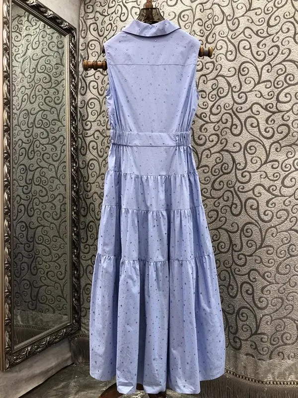 2024 Summer Fashion Long Dress High Quality Women Turn-down Collar Beading Deco Sleeveless Party Evening Long Blue Maxi Dress