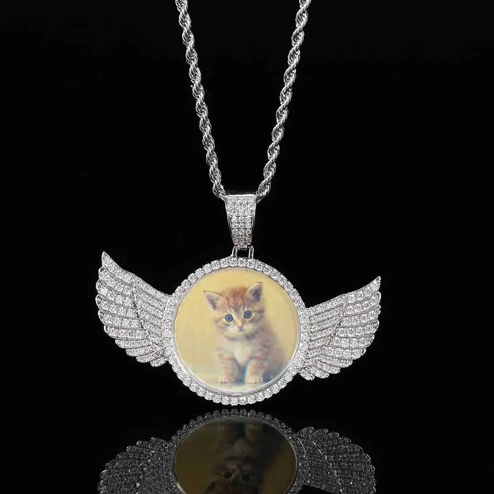 Custom Photo Pendant Necklace Pet Picture Necklace Cubic Zircone Wing Circle Photo Pendant Hip Pop Jewelry For Women Men